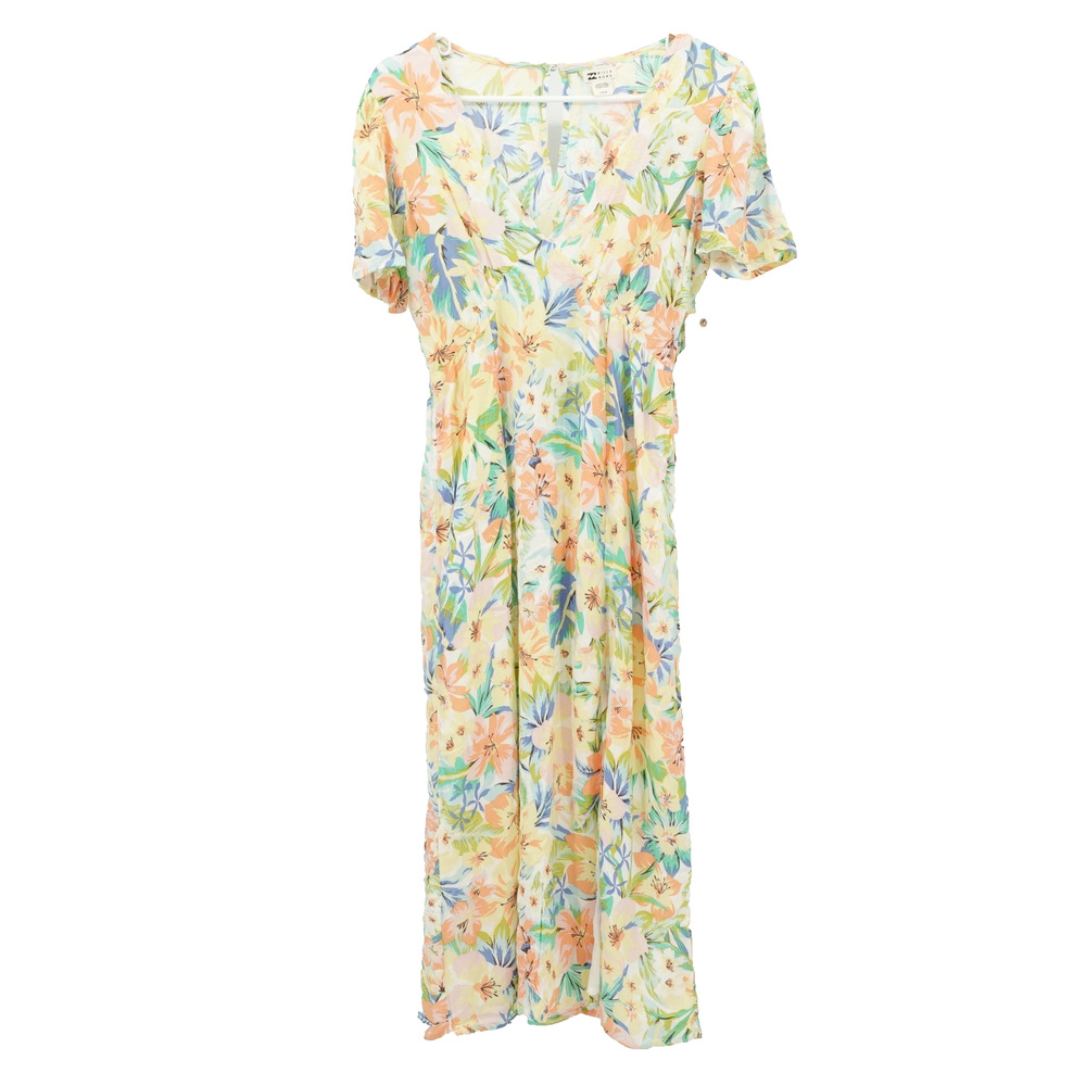 Billabong Dress SZ L Jet Set Midi Floral Maximalist Beachy Coastal Summer Read